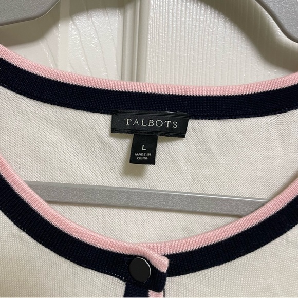 NWOT Talbots Cream, Navy Pink Trim Charming Cardigan L - Picture 3 of 7